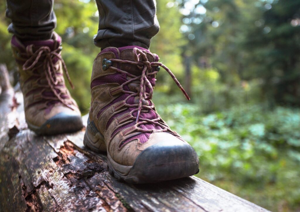 Detailansicht von Wanderschuhen auf einem Holzstamm.